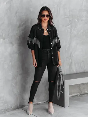 Knightly Pocketed Studded Fringe Denim Jacket