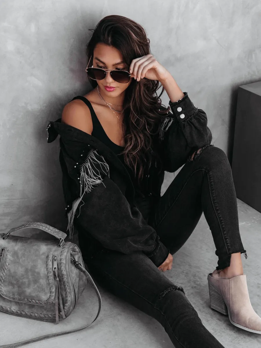 Knightly Pocketed Studded Fringe Denim Jacket