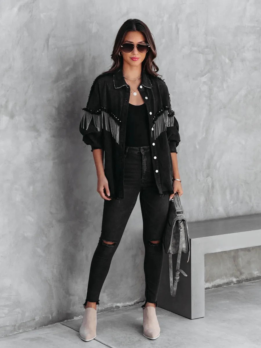 Knightly Pocketed Studded Fringe Denim Jacket