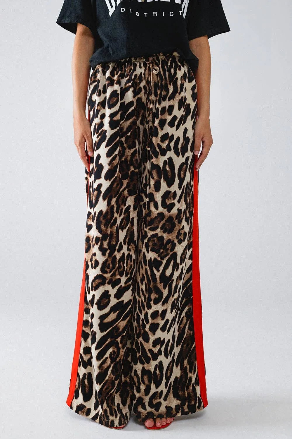 Leopard Straight Pants With Red Stripes Down The Sides: Brown / Small