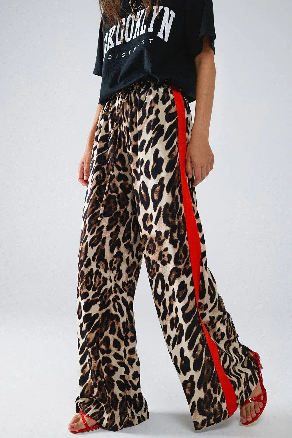 Leopard Straight Pants With Red Stripes Down The Sides: Brown / Small