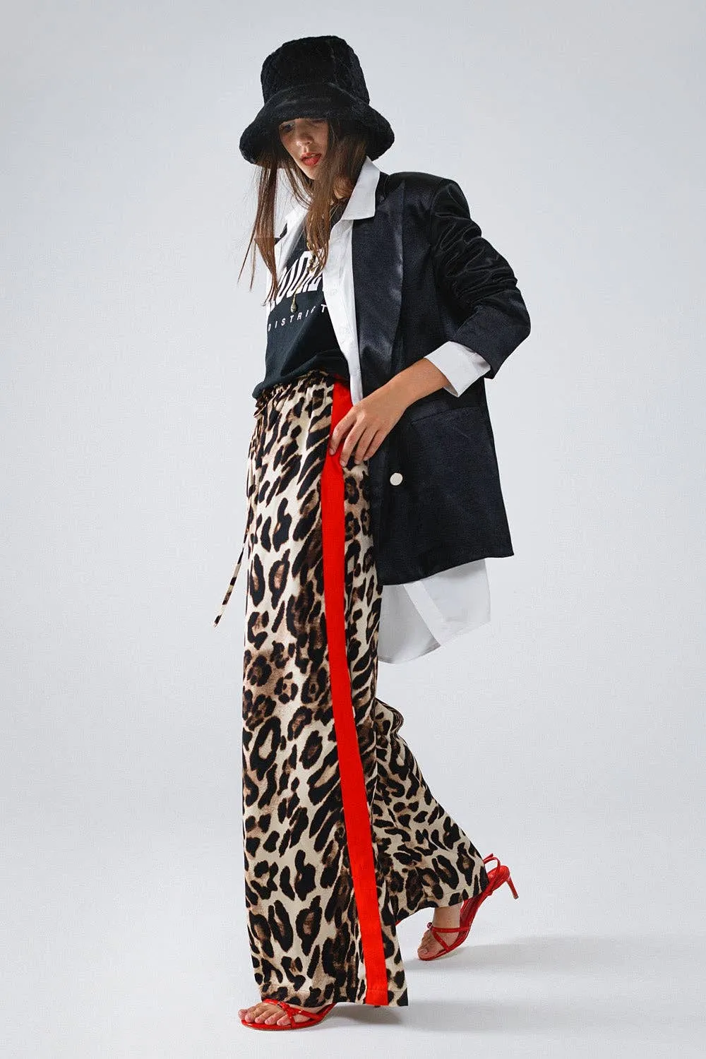Leopard Straight Pants With Red Stripes Down The Sides: Brown / Small