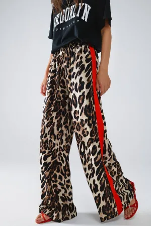 Leopard Straight Pants With Red Stripes Down The Sides: Brown / Small