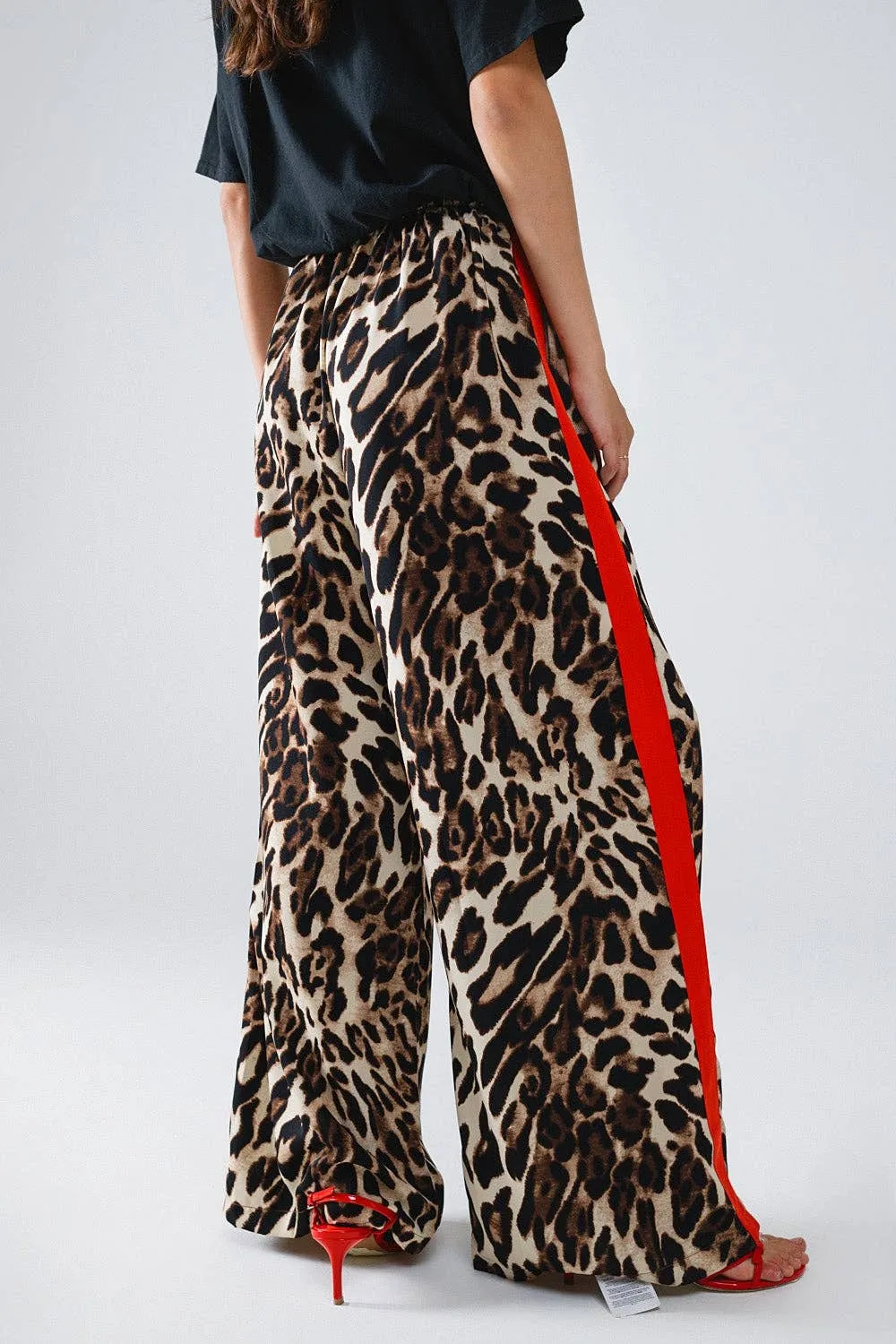 Leopard Straight Pants With Red Stripes Down The Sides: Brown / Small