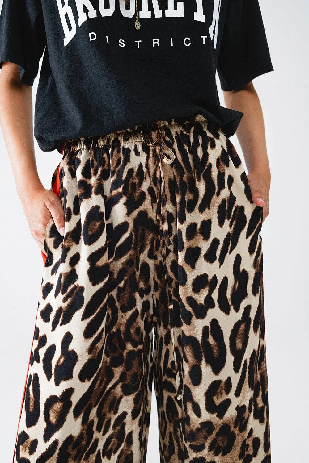 Leopard Straight Pants With Red Stripes Down The Sides: Brown / Small