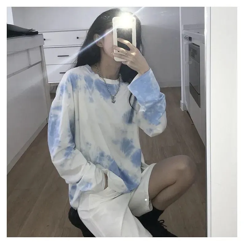 Long Sleeve Blue Tie Dye Printed Shirt
