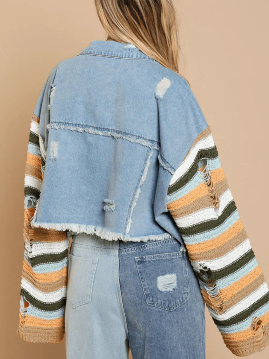 Madden Knit Ripped Sleeve Denim Jacket - Blue