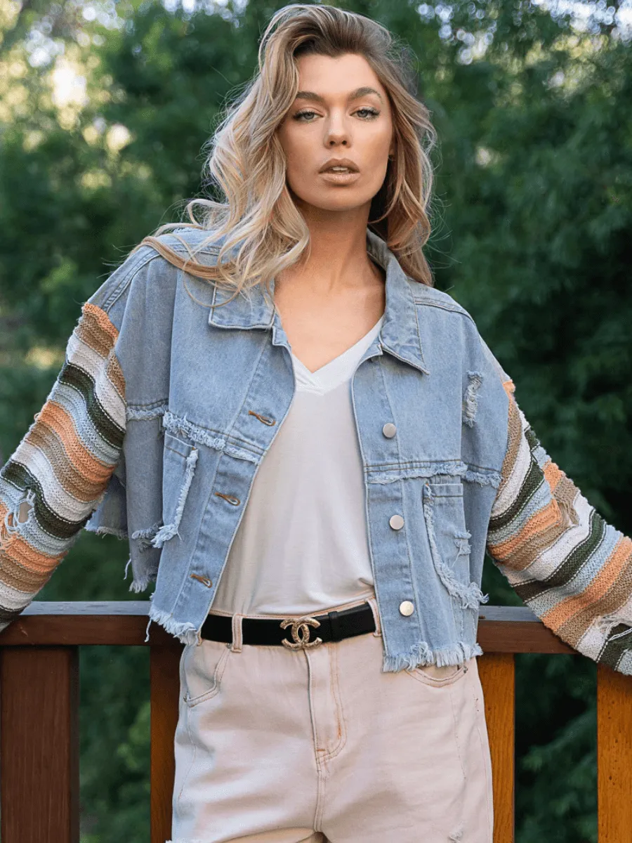 Madden Knit Ripped Sleeve Denim Jacket - Blue
