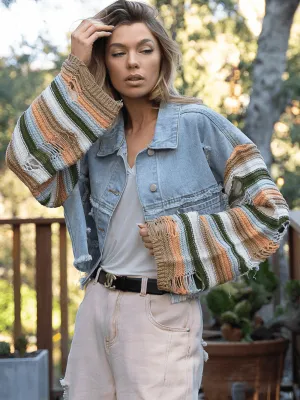 Madden Knit Ripped Sleeve Denim Jacket - Blue