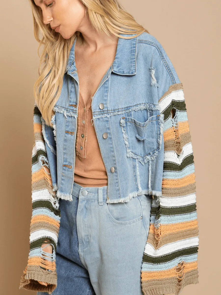 Madden Knit Ripped Sleeve Denim Jacket - Blue