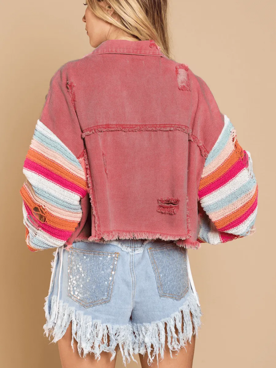 Madden Knit Ripped Sleeve Denim Jacket - Pink