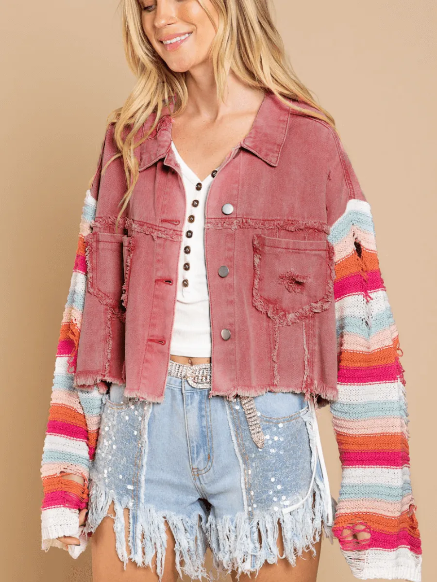 Madden Knit Ripped Sleeve Denim Jacket - Pink