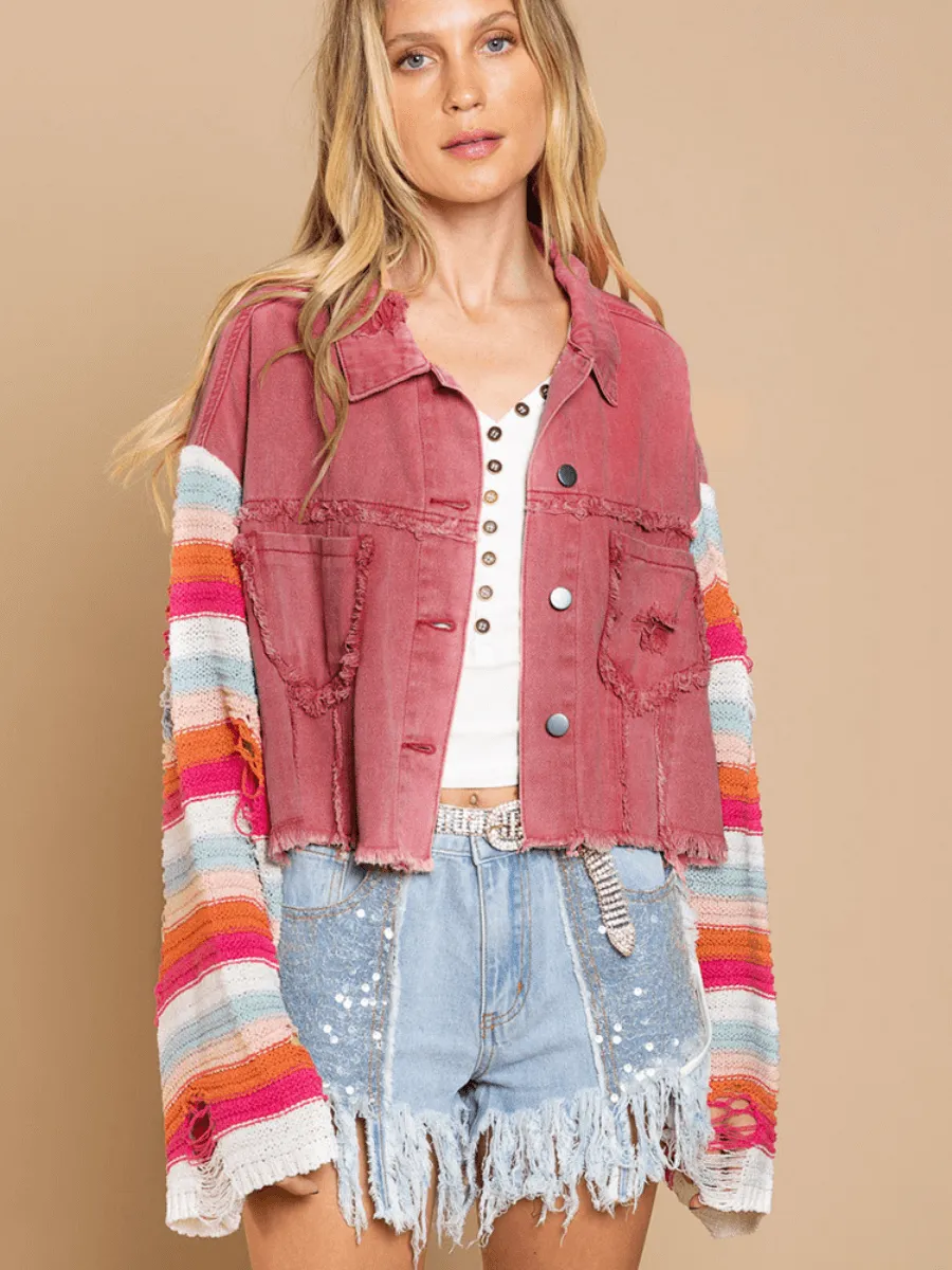 Madden Knit Ripped Sleeve Denim Jacket - Pink