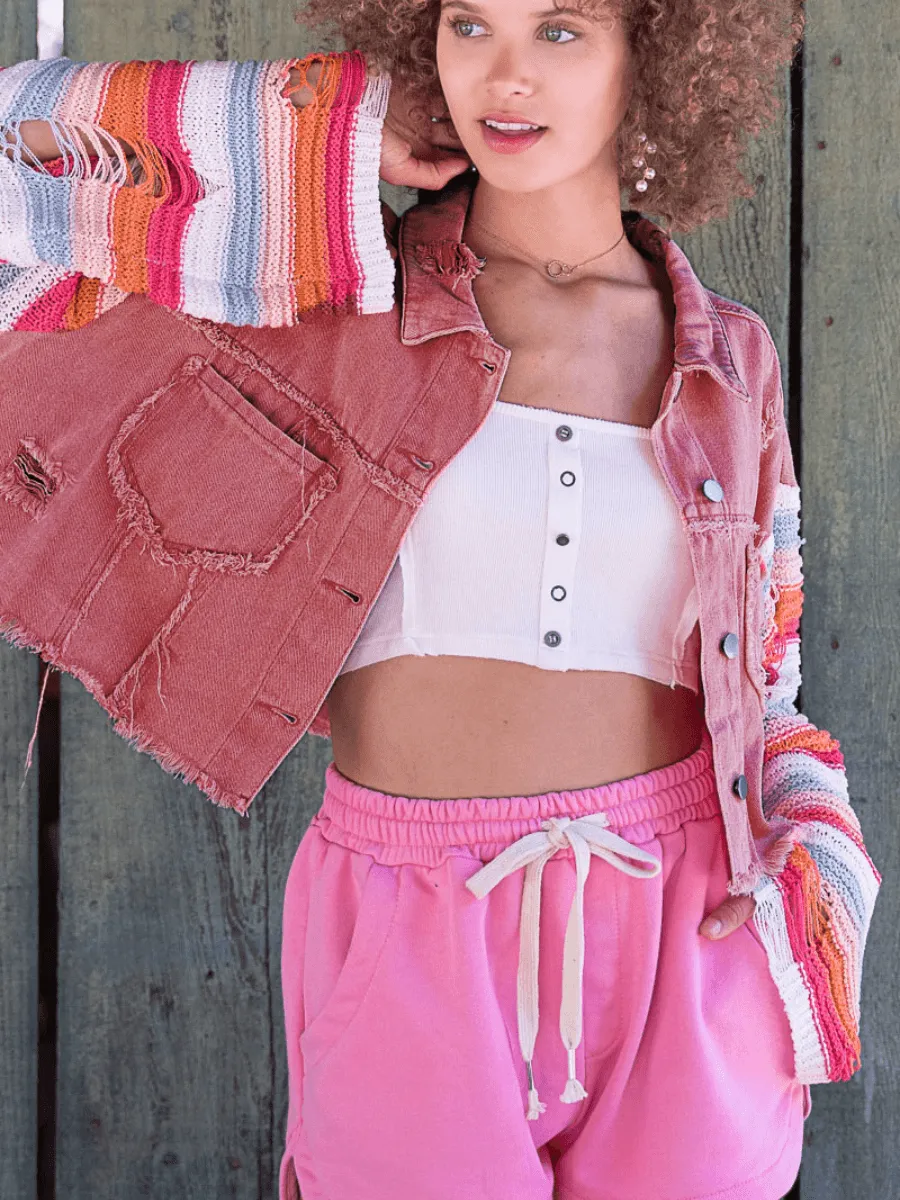 Madden Knit Ripped Sleeve Denim Jacket - Pink