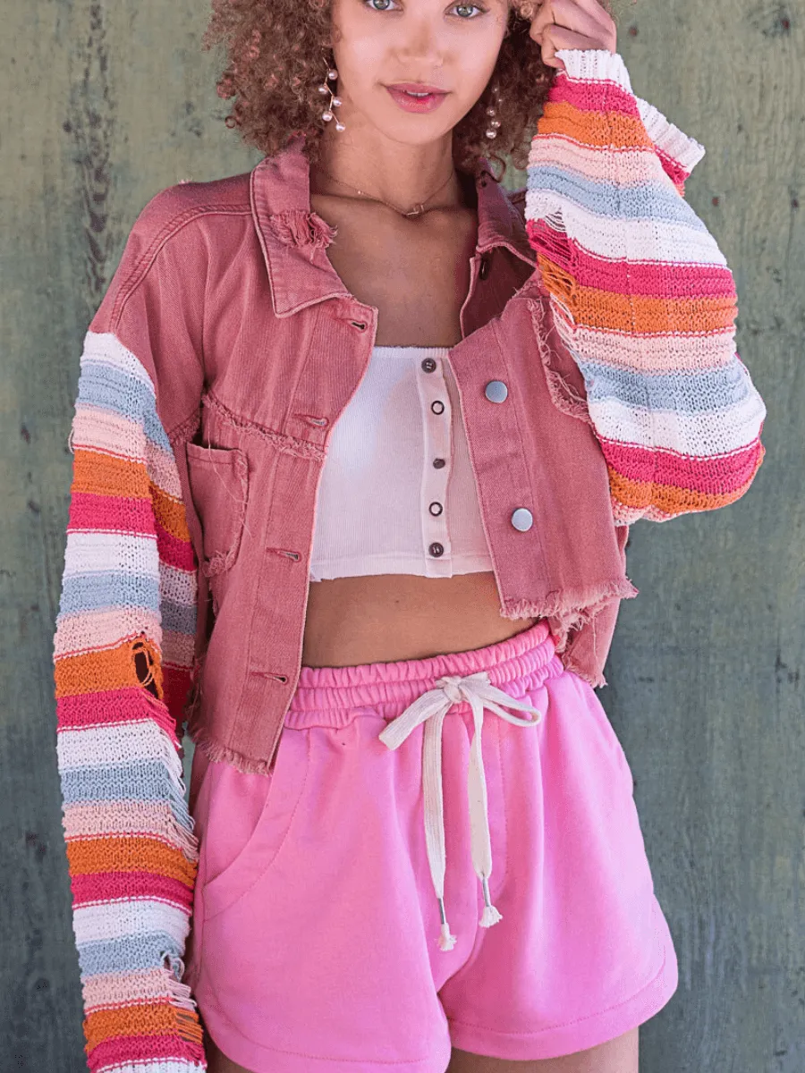 Madden Knit Ripped Sleeve Denim Jacket - Pink