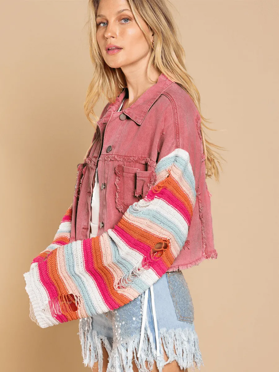 Madden Knit Ripped Sleeve Denim Jacket - Pink