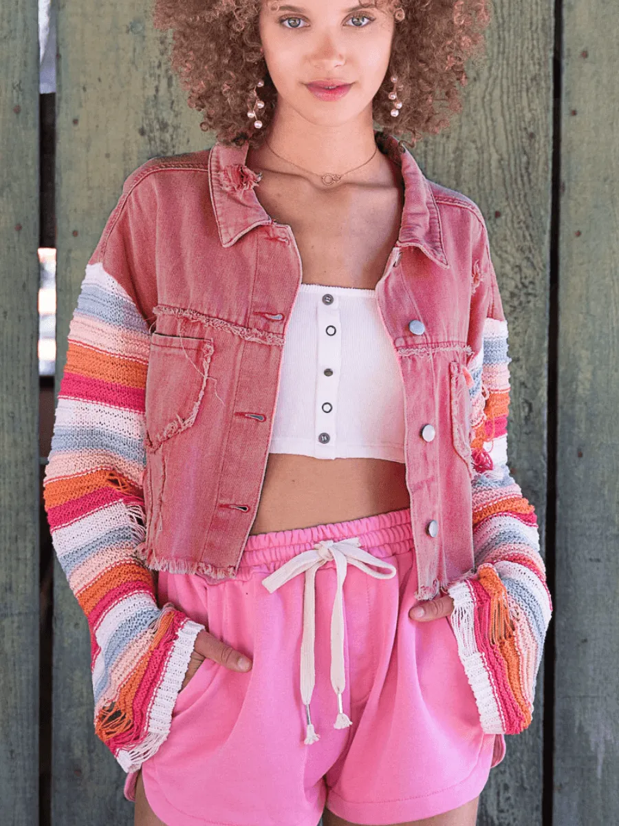 Madden Knit Ripped Sleeve Denim Jacket - Pink