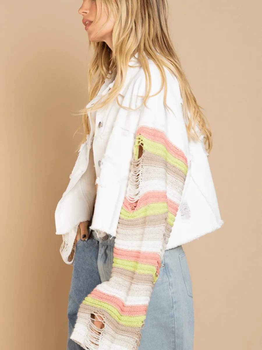 Madden Knit Ripped Sleeve Denim Jacket - White