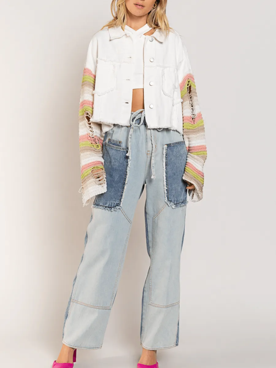 Madden Knit Ripped Sleeve Denim Jacket - White