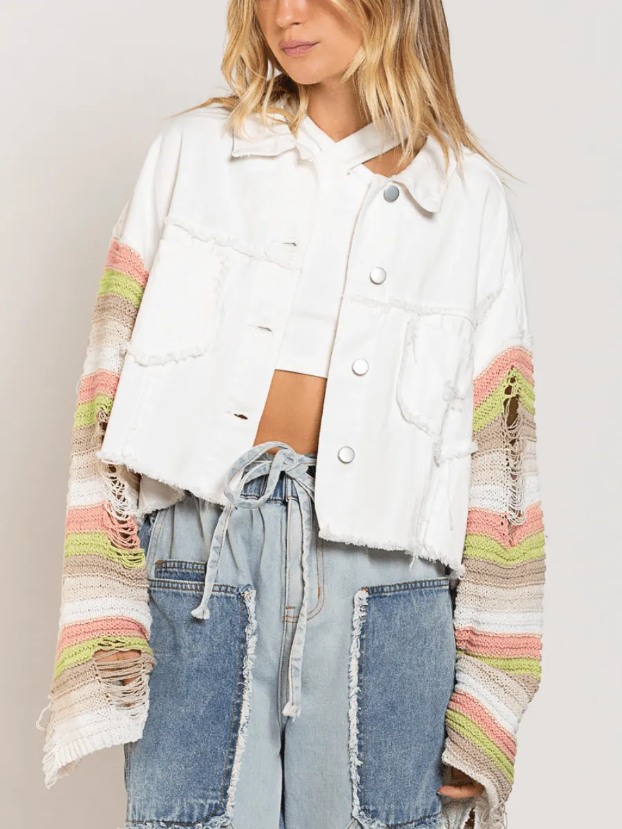 Madden Knit Ripped Sleeve Denim Jacket - White