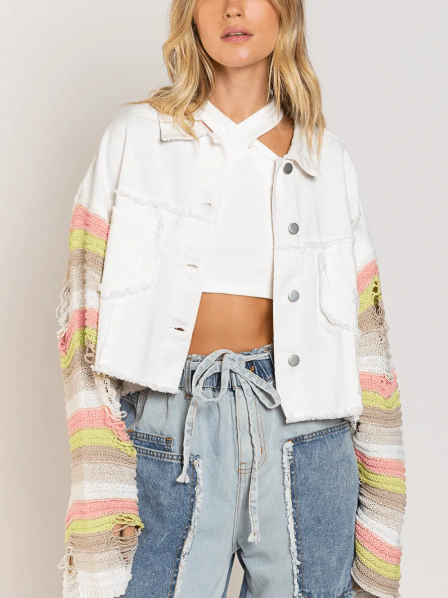 Madden Knit Ripped Sleeve Denim Jacket - White