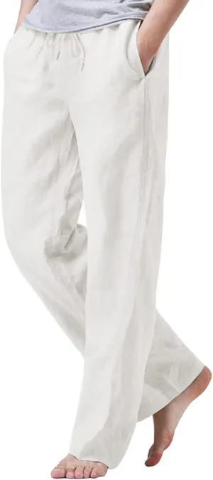 Mens Linen Pants Relaxed Fit Drawstring Elastic Waist Lounging Pants Comfortable