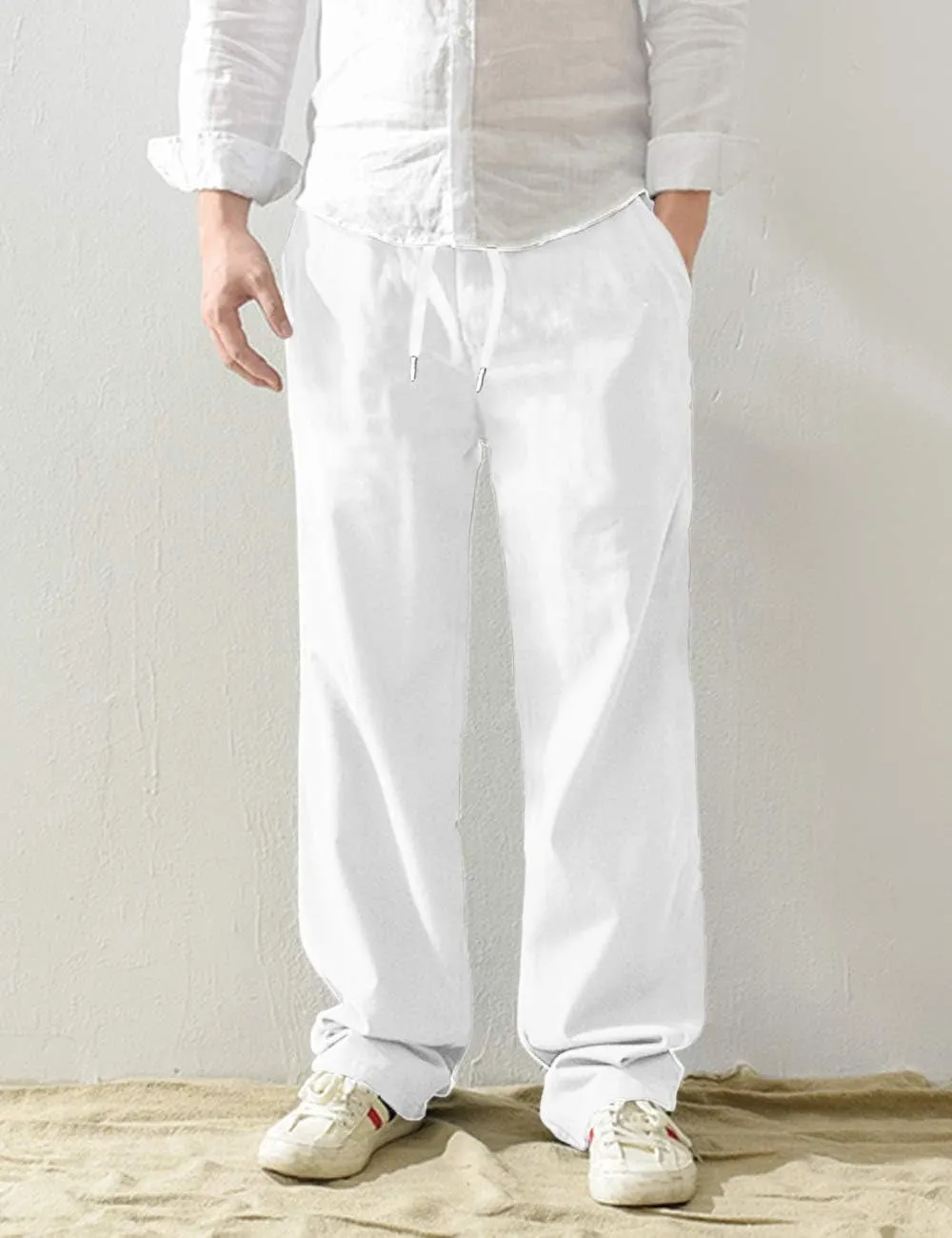 Mens Linen Pants Relaxed Fit Drawstring Elastic Waist Lounging Pants Comfortable