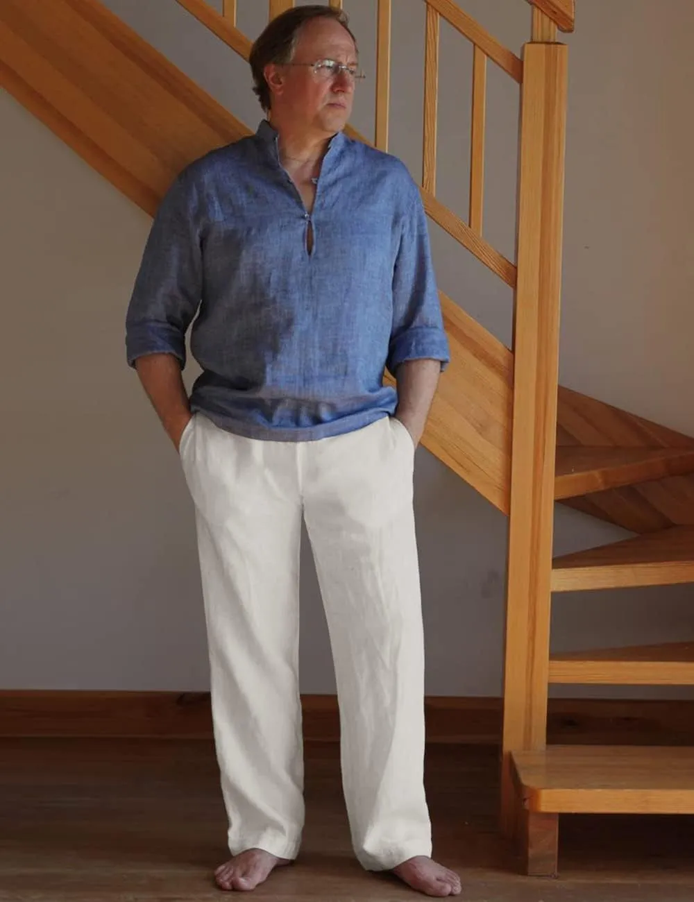 Mens Linen Pants Relaxed Fit Drawstring Elastic Waist Lounging Pants Comfortable