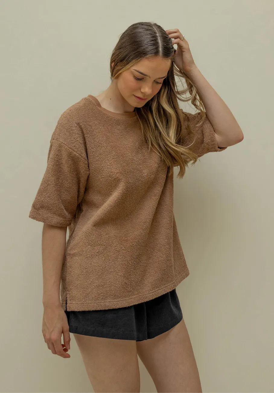 Miann & Co Womens - Kai Terry Towelling Boxy T-Shirt - Café Au Lait