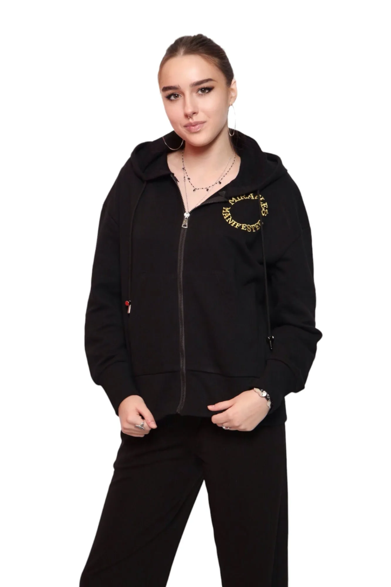 Miracles Manifester Embroidered Zip Hoodie - Black