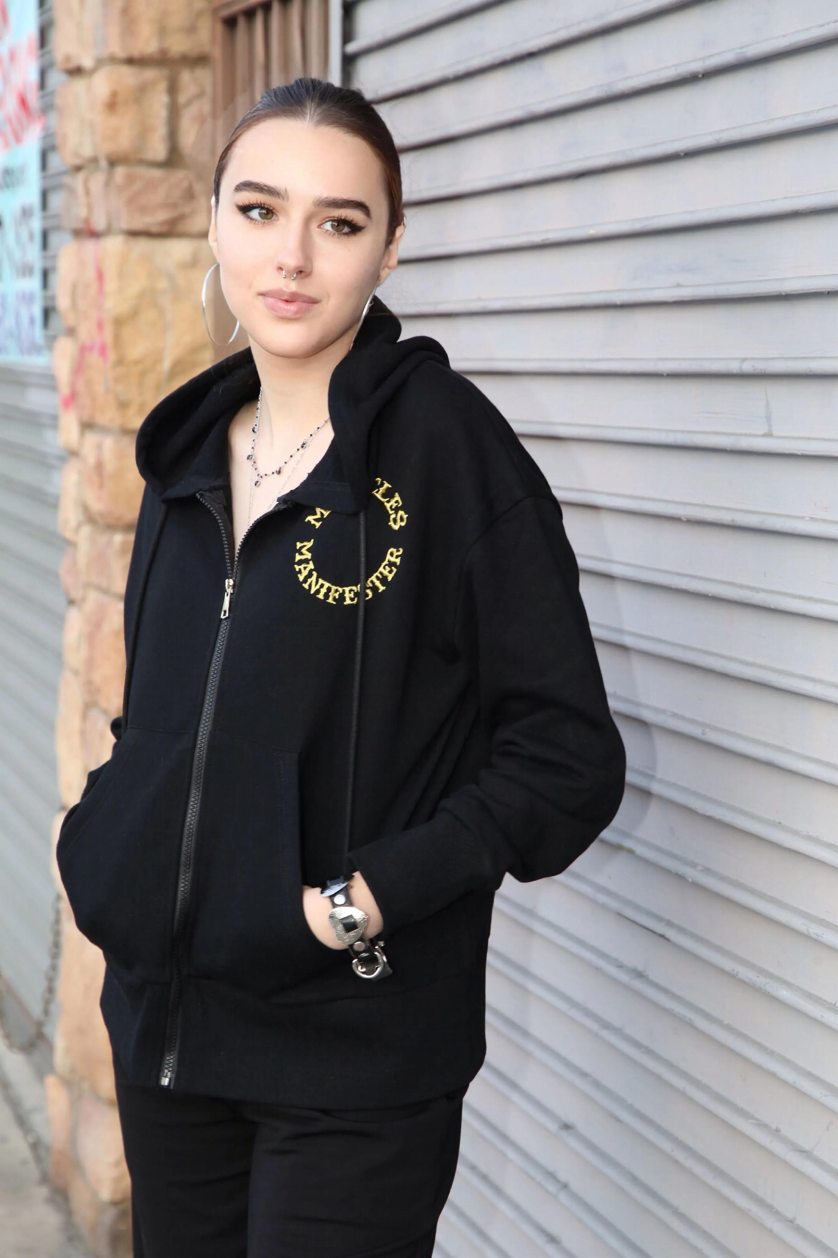 Miracles Manifester Embroidered Zip Hoodie - Black