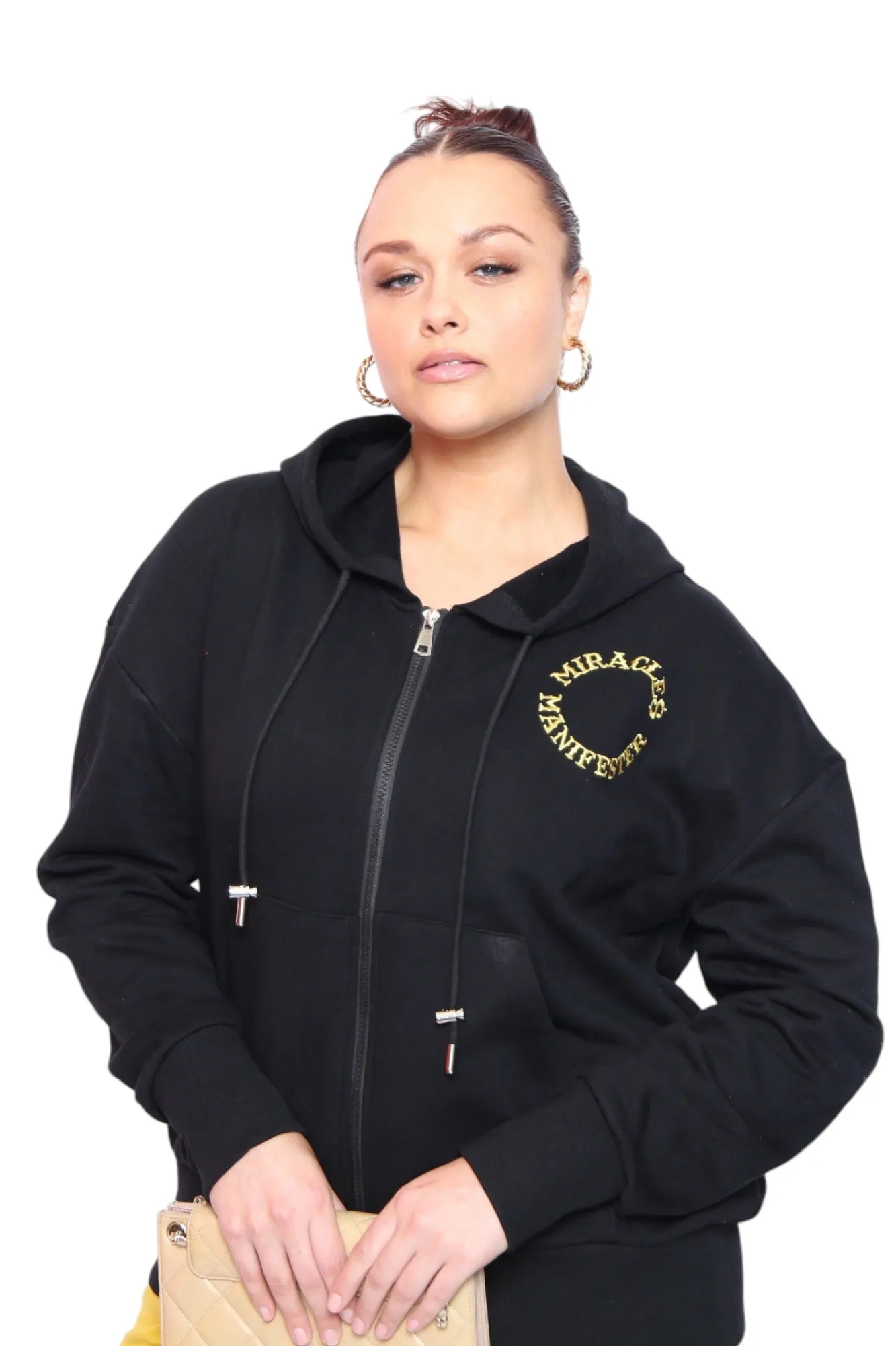 Miracles Manifester Embroidered Zip Hoodie - Black