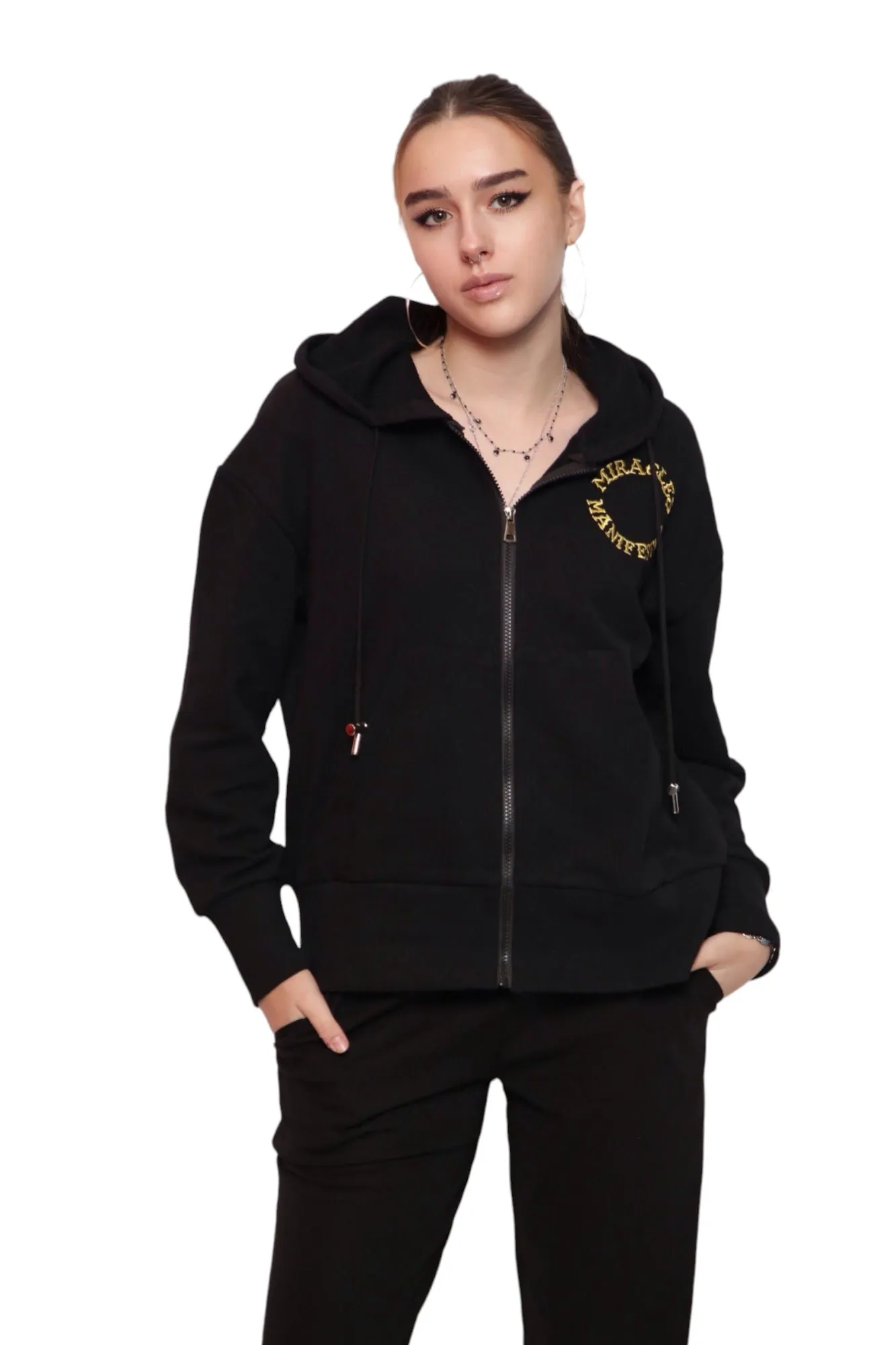 Miracles Manifester Embroidered Zip Hoodie - Black