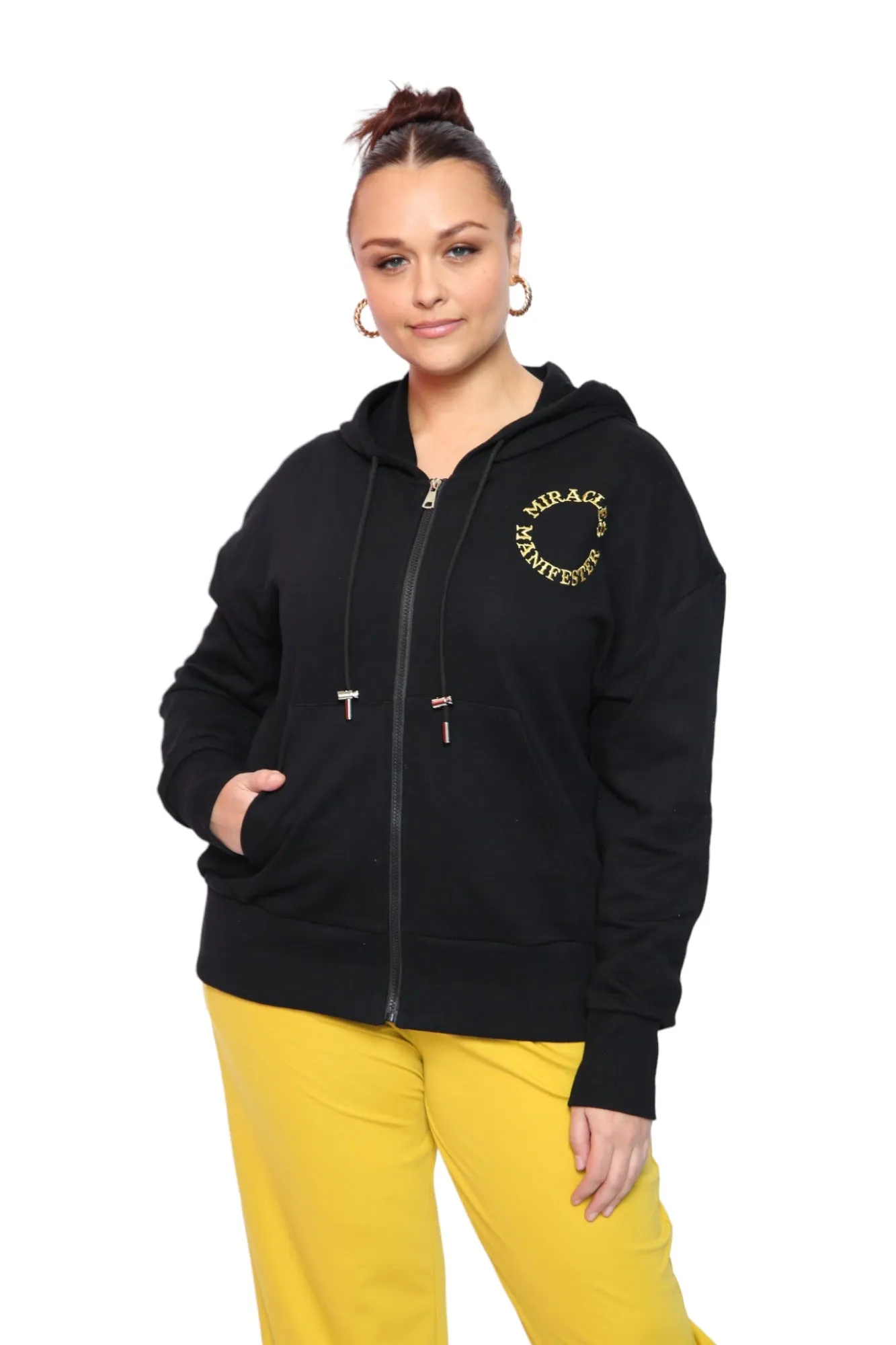 Miracles Manifester Embroidered Zip Hoodie - Black