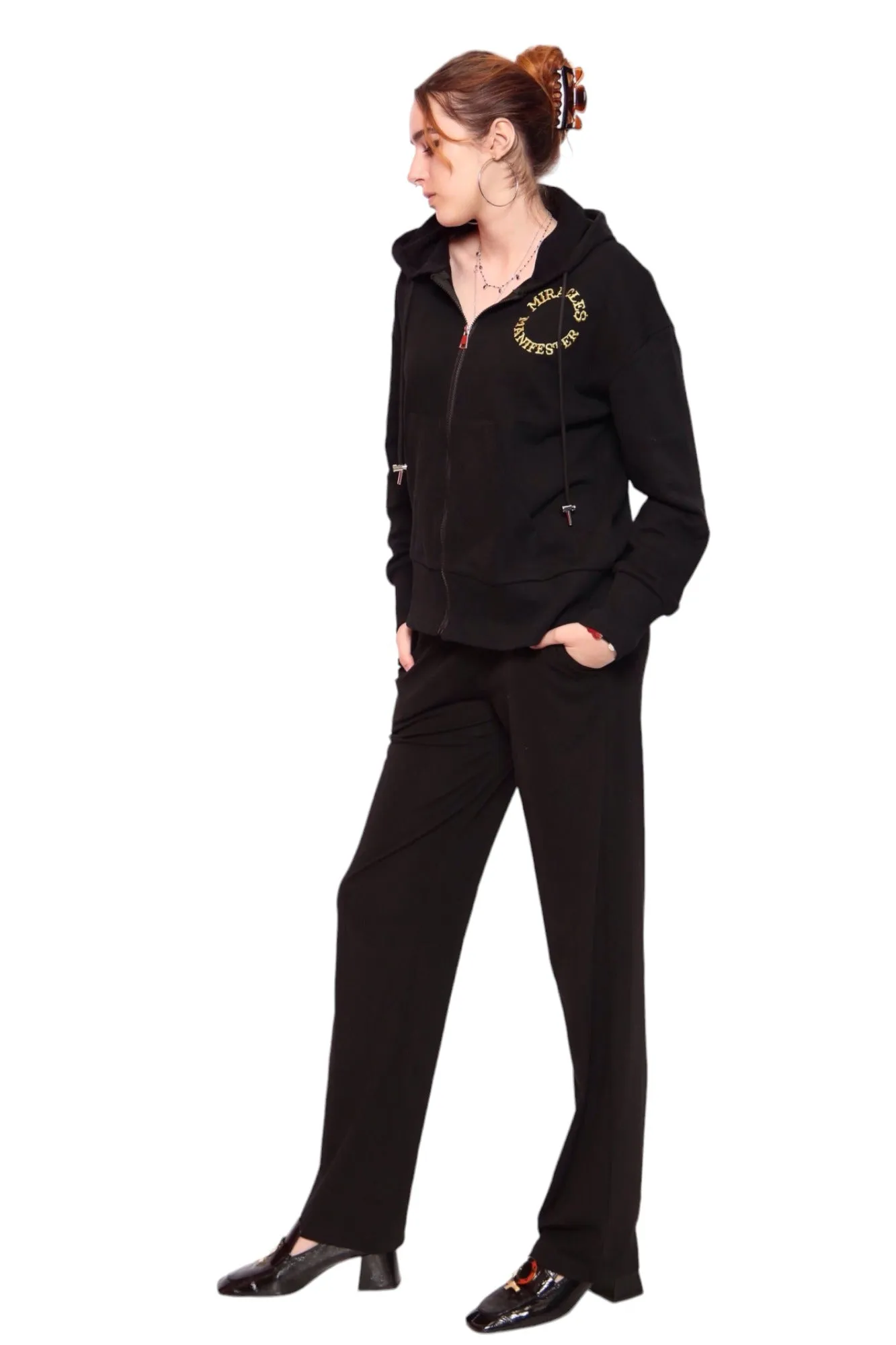 Miracles Manifester Embroidered Zip Hoodie - Black