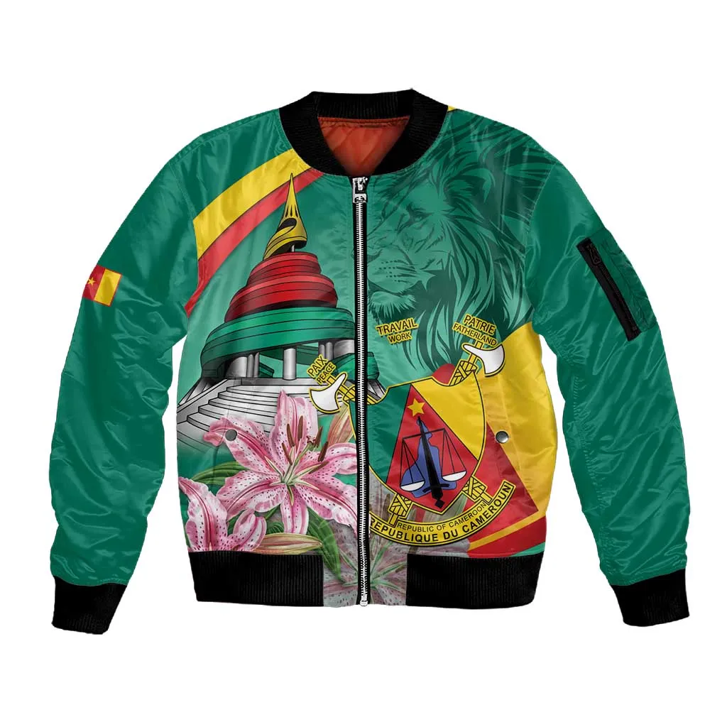 Monument de la Reunification Cameroun Sleeve Zip Bomber Jacket Coat Of Arms With Lily Flowers LT14