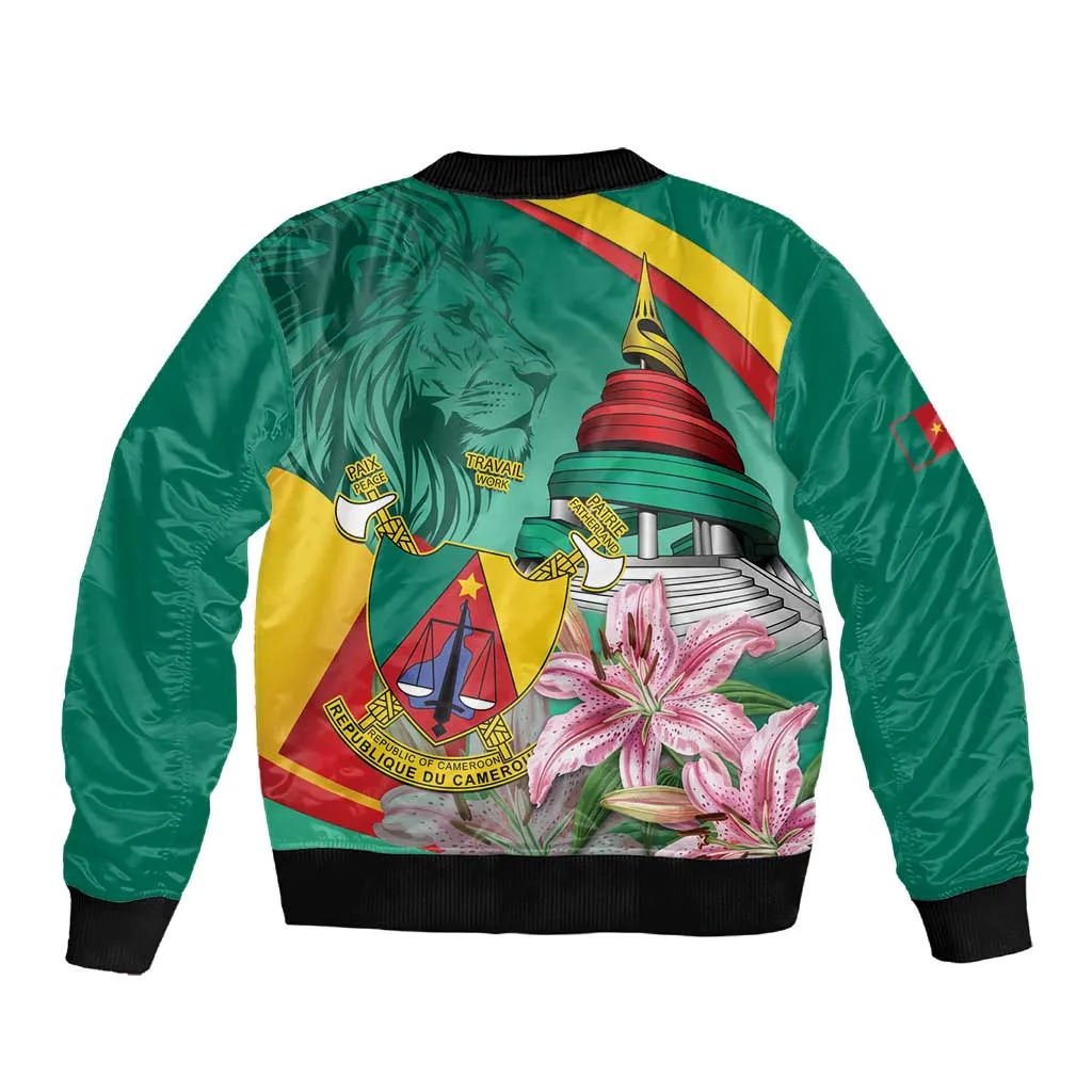 Monument de la Reunification Cameroun Sleeve Zip Bomber Jacket Coat Of Arms With Lily Flowers LT14