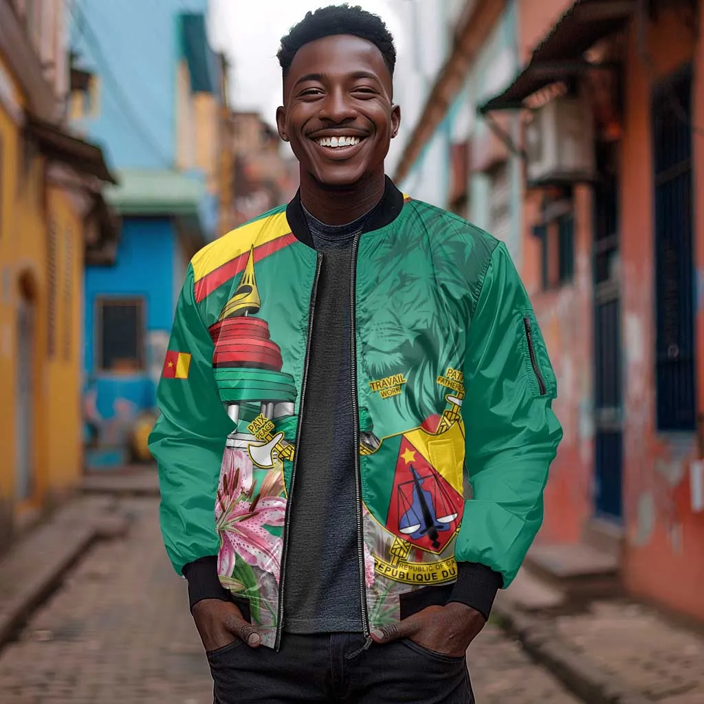 Monument de la Reunification Cameroun Sleeve Zip Bomber Jacket Coat Of Arms With Lily Flowers LT14