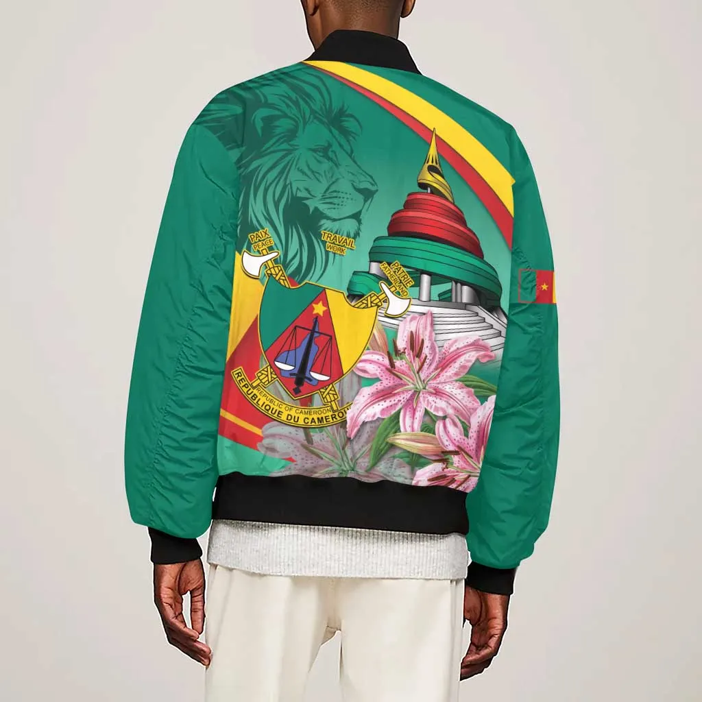 Monument de la Reunification Cameroun Sleeve Zip Bomber Jacket Coat Of Arms With Lily Flowers LT14