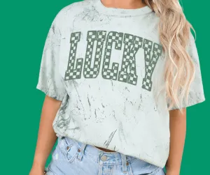 Muted Green Checked Lucky Green Tie Dye Tee