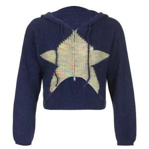 Navy Blue Star Hoodie Full Zip Y2K Style Cropped Jacket
