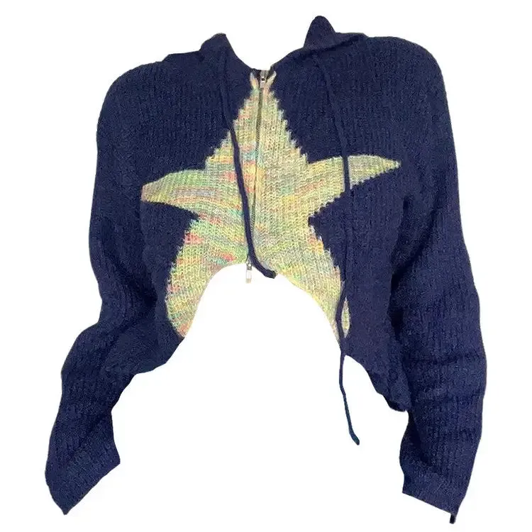 Navy Blue Star Hoodie Full Zip Y2K Style Cropped Jacket