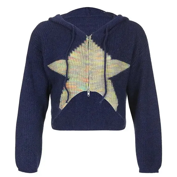 Navy Blue Star Hoodie Full Zip Y2K Style Cropped Jacket