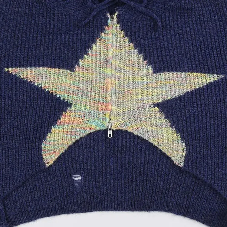 Navy Blue Star Hoodie Full Zip Y2K Style Cropped Jacket