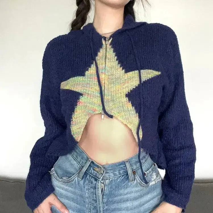 Navy Blue Star Hoodie Full Zip Y2K Style Cropped Jacket