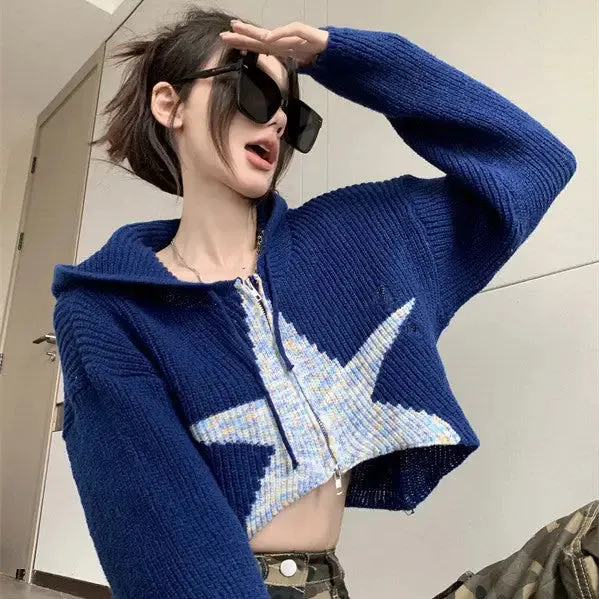 Navy Blue Star Hoodie Full Zip Y2K Style Cropped Jacket