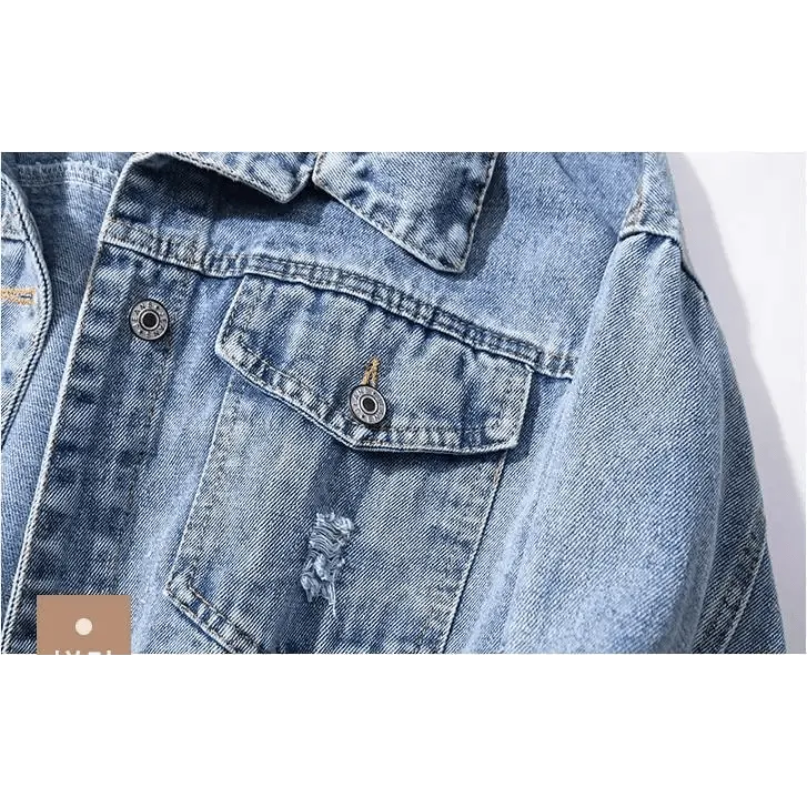 New Sizzling Women's Denim Jacket Fashionable Streetwear Letter Stylish Chic Printed Ripped Holes Jean Patchwork Jeans Female Coat