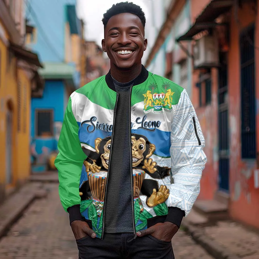 Personalised Afro Sierra Leone Sleeve Zip Bomber Jacket Chimp With Drum - Happy Independence Day LT14