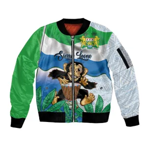 Personalised Afro Sierra Leone Sleeve Zip Bomber Jacket Chimp With Drum - Happy Independence Day LT14