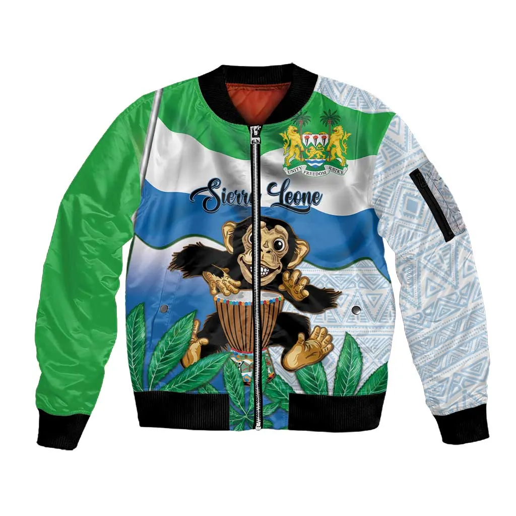 Personalised Afro Sierra Leone Sleeve Zip Bomber Jacket Chimp With Drum - Happy Independence Day LT14
